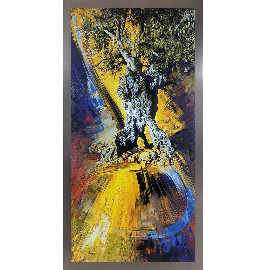 Painting of a gnarled olive tree with exposed roots, set against a dynamic background of yellow, blue, and brown brushstrokes, framed by a metallic border.