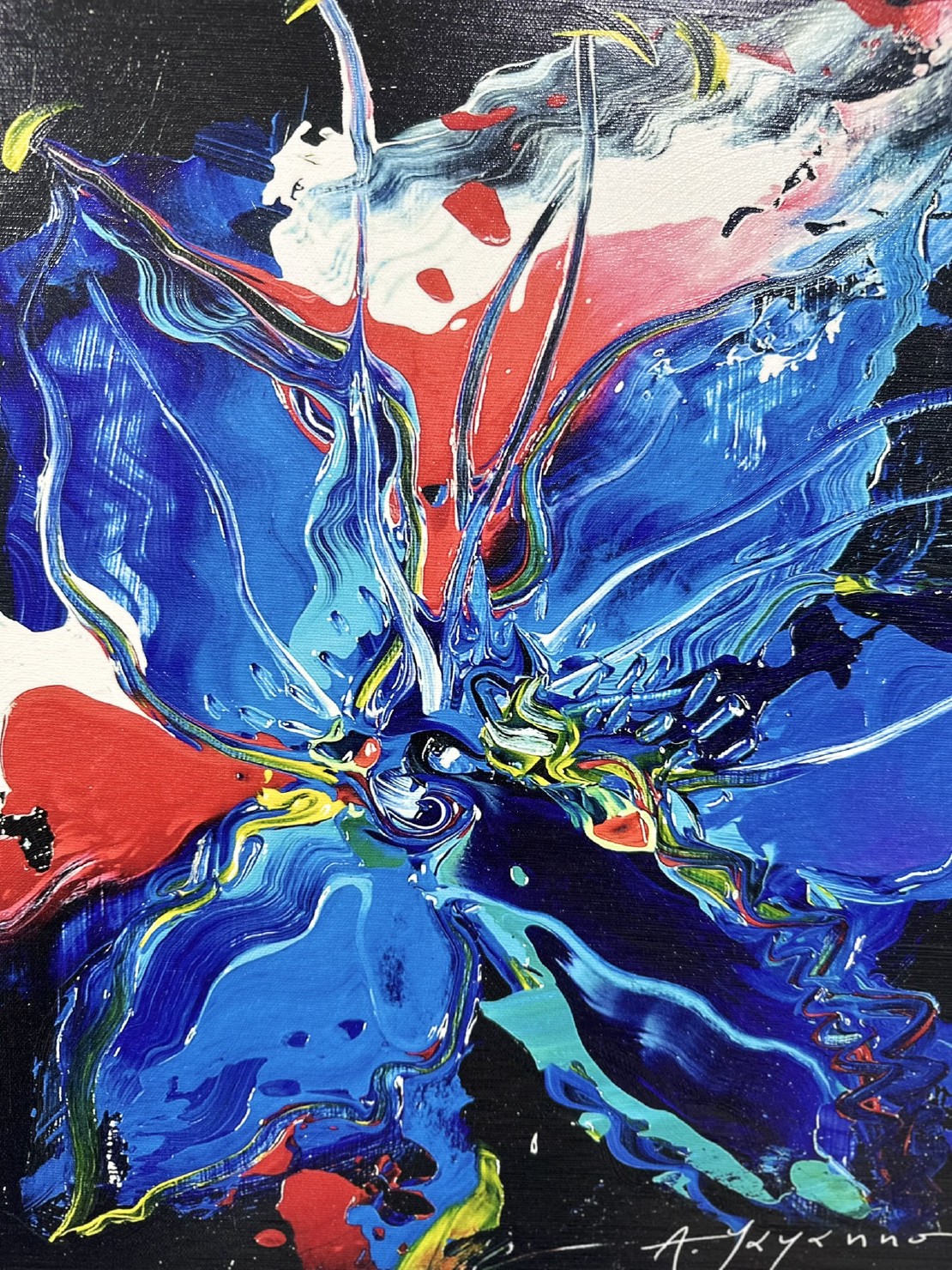 Abstract painting featuring a blue flower with swirling shapes and vibrant hues.