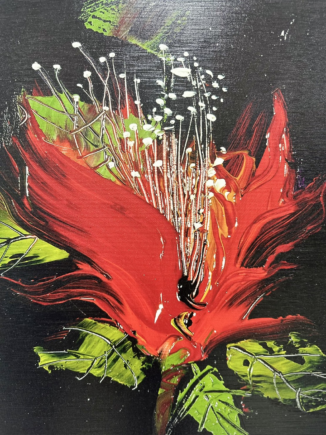 A painting depicting a vibrant red flower surrounded by lush green leaves.