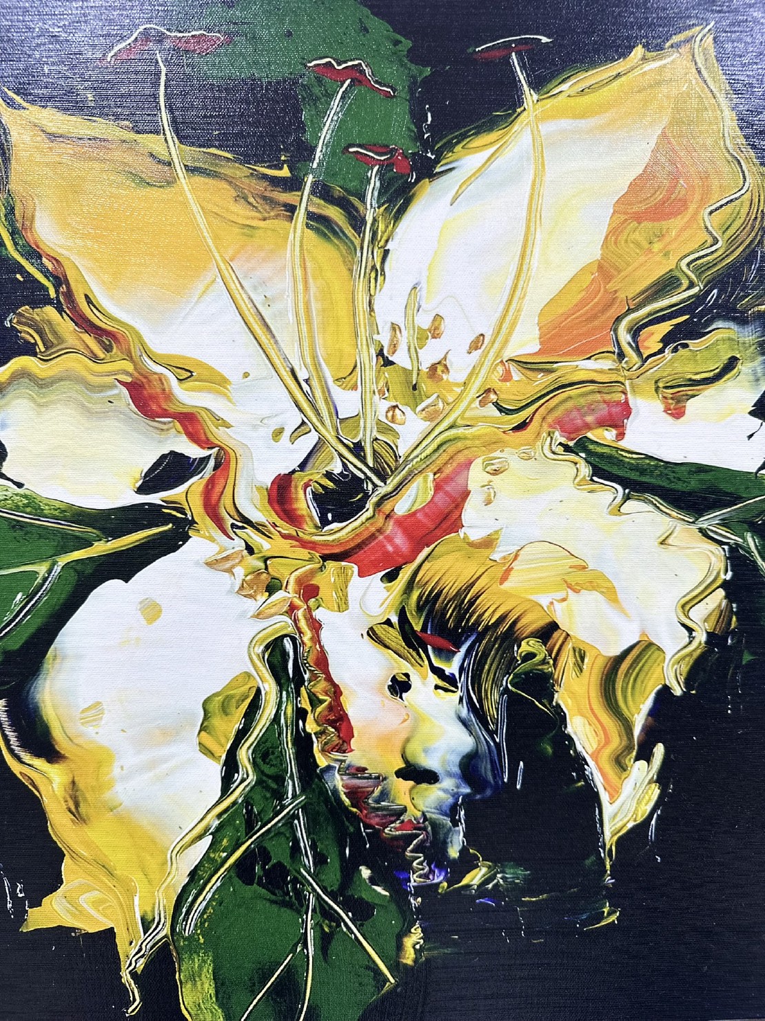 An abstract representation of a yellow flower, showcasing bold colors and fluid shapes.
